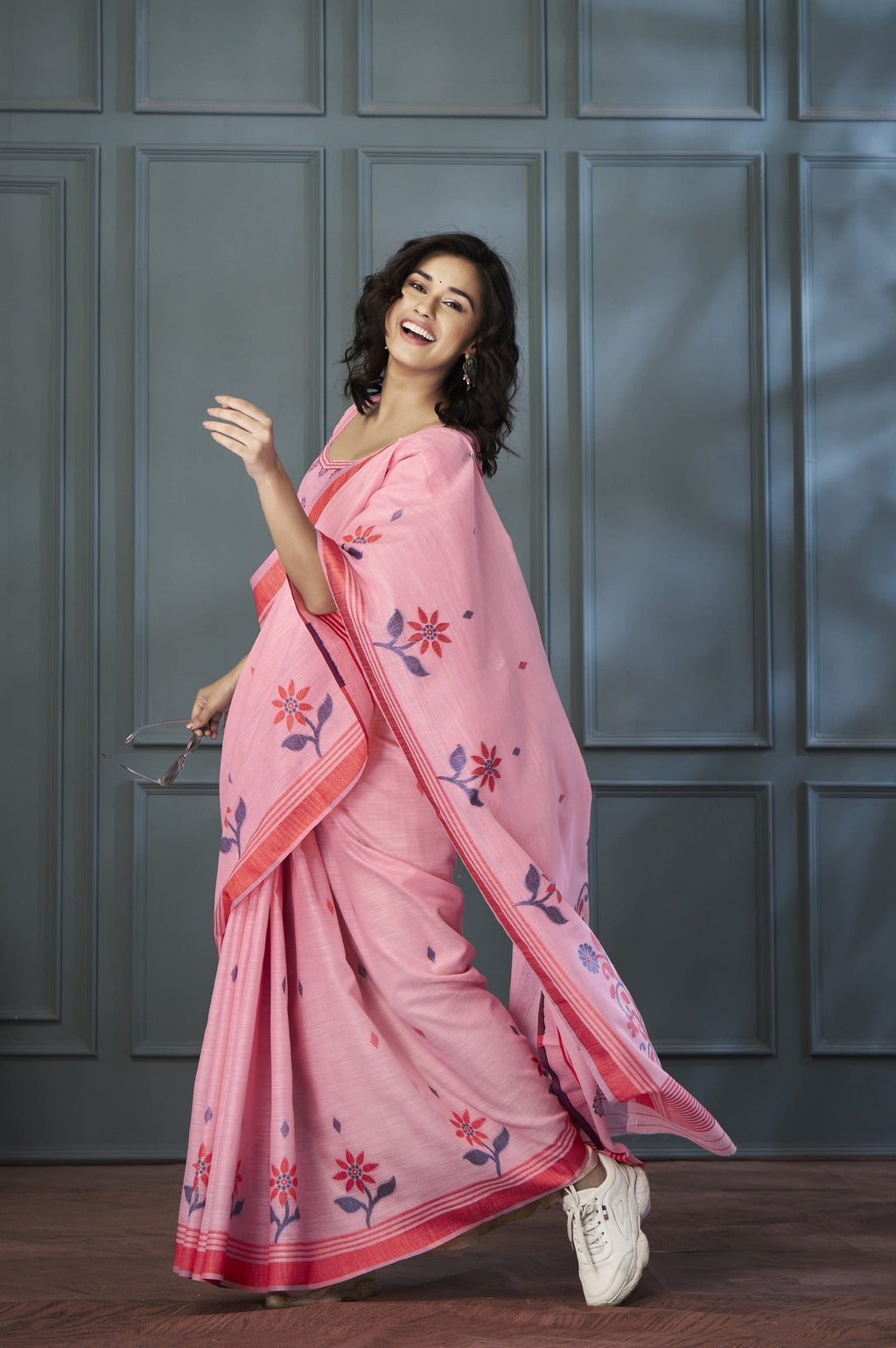 Anaita Pink Designer Weaving Handloom Linen Saree With Blouse | Grocsy