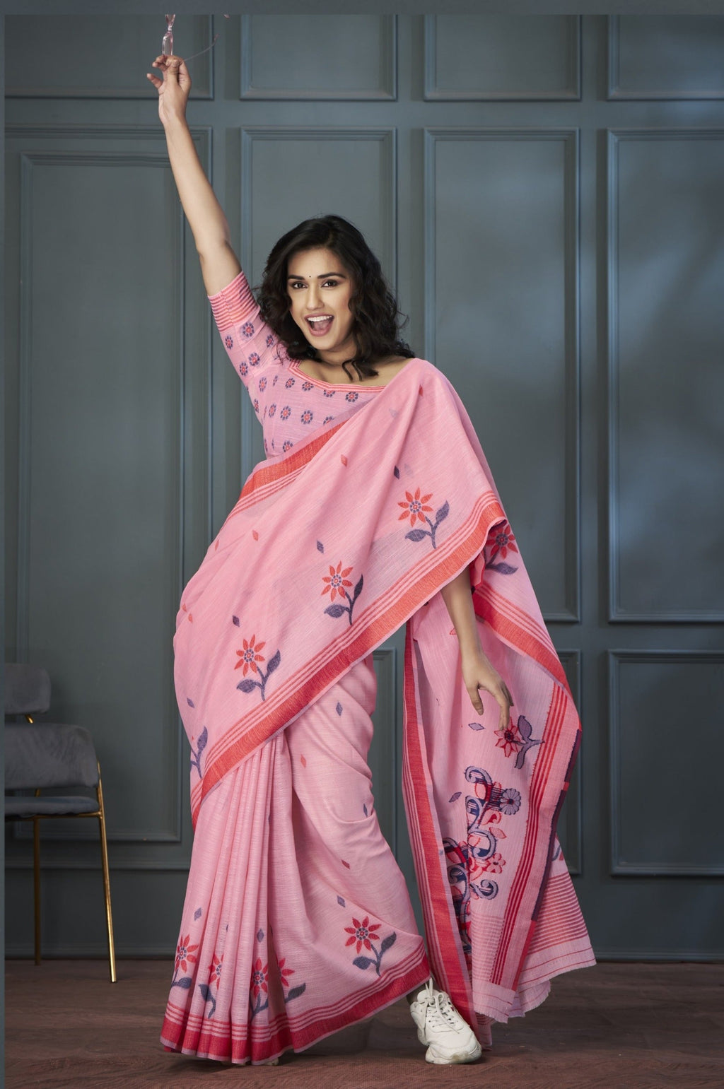 Anaita Pink Designer Weaving Handloom Linen Saree With Blouse | Grocsy