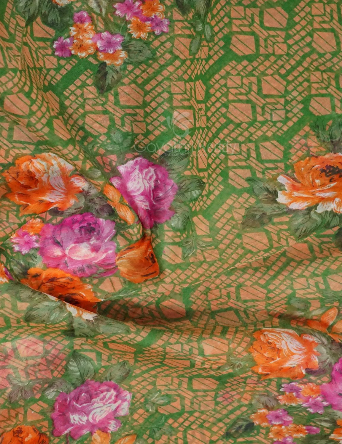 Shades of Parrot Green Colour Floral Design Semi Chanderi Saree By Gayathri Reddy Designer Studio | Grocsy