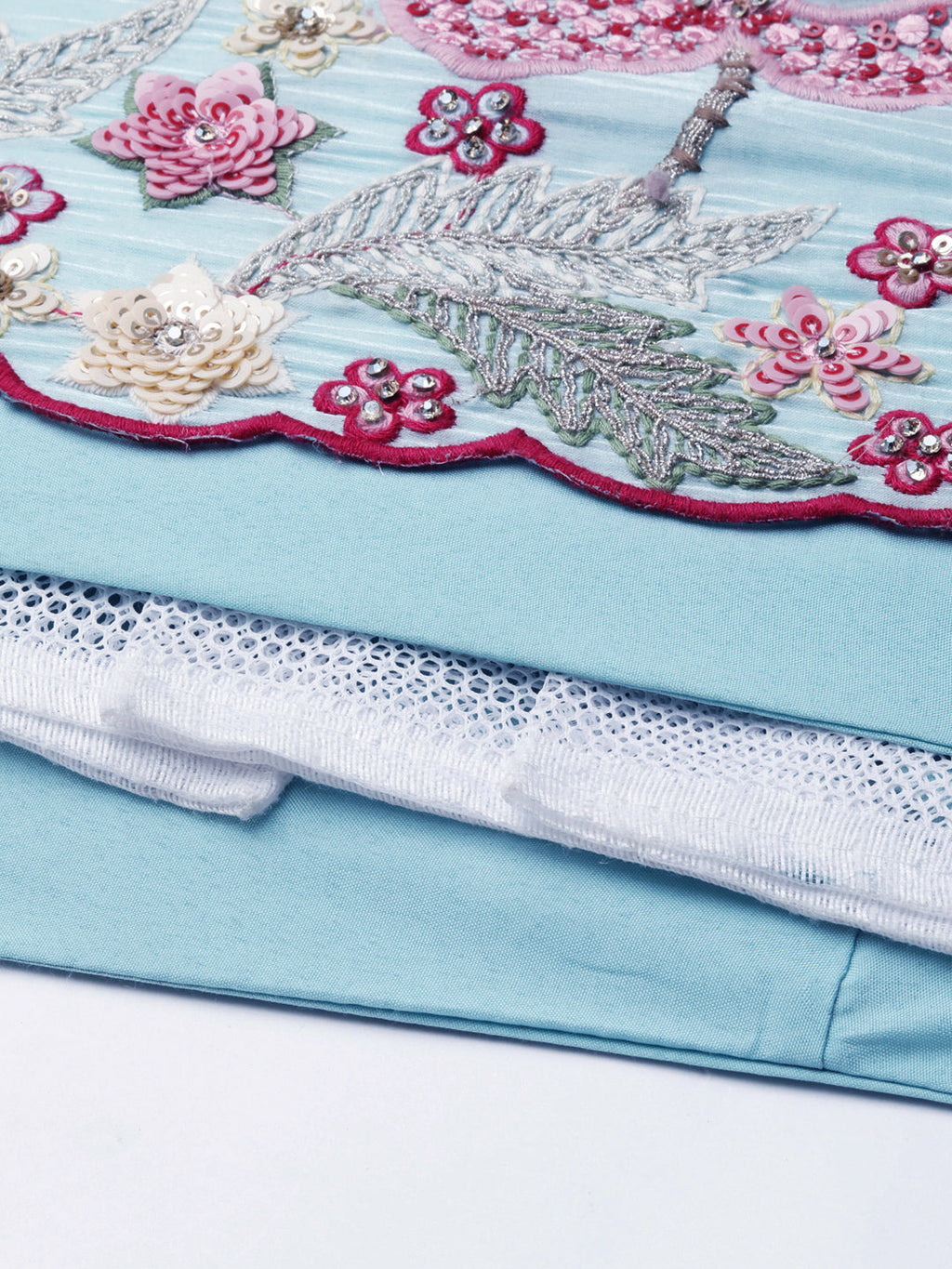 House of Panchhi Turquoise Blue Organza Sequins And Zarkan Embroidery Lehenga Choli & Dupatta | Grocsy