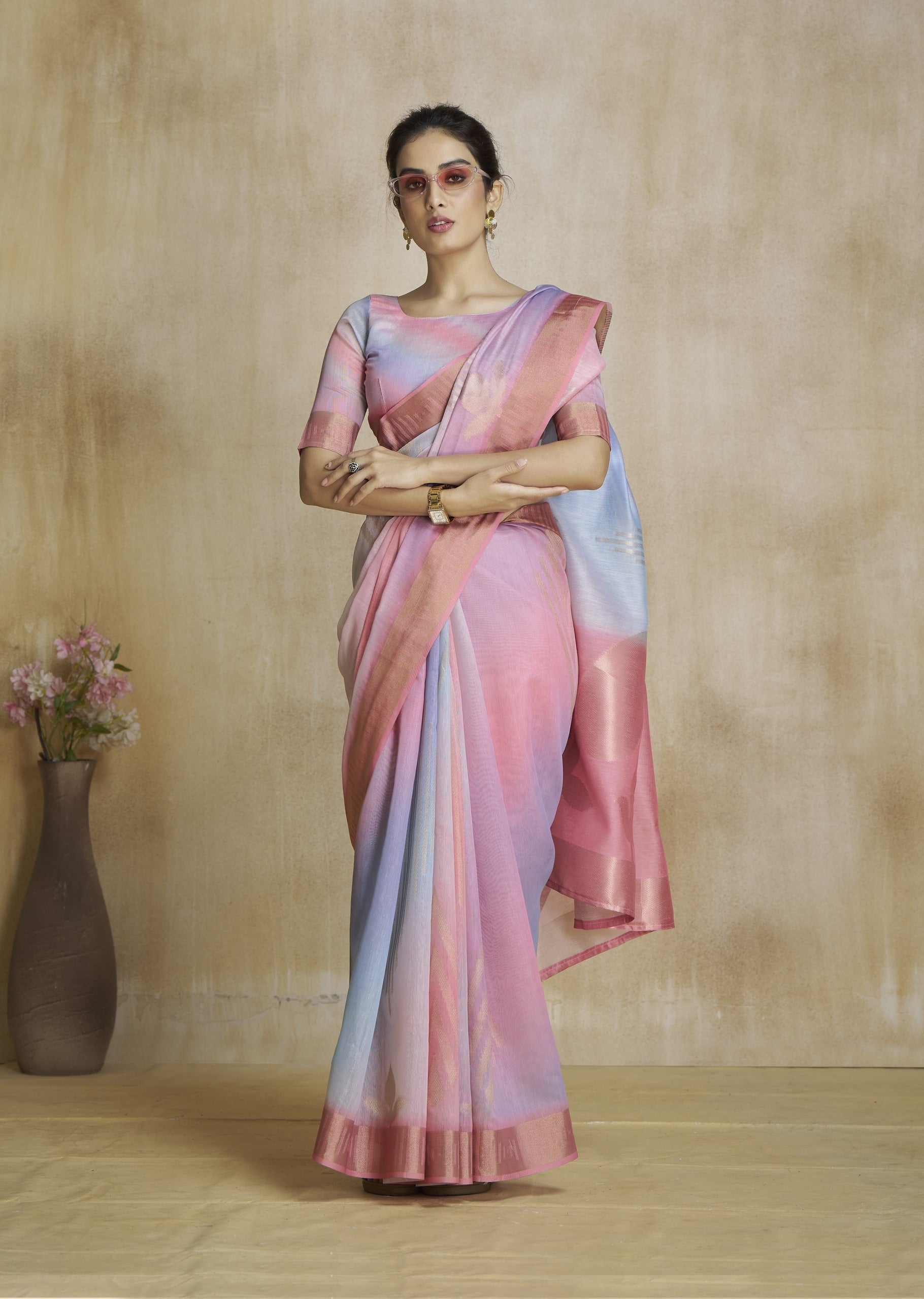 Anaita Pink Fancy Fabric With Digital Print Saree With Blouse | Grocsy