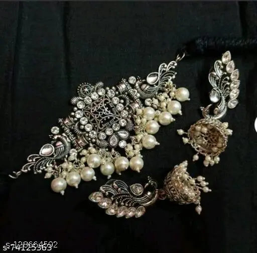 Tehzeeb Creations Women's Silver Colour Peacock Design Necklace And Earrings | Grocsy