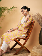 InWeave Women's Lime Pink Print Patch Cotton Straight Kurta Pant Set | Grocsy