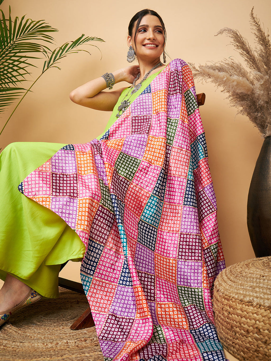 InWeave Women's Lime Green Strappy Set W Square Bandhani Print Silk Dupatta | Grocsy