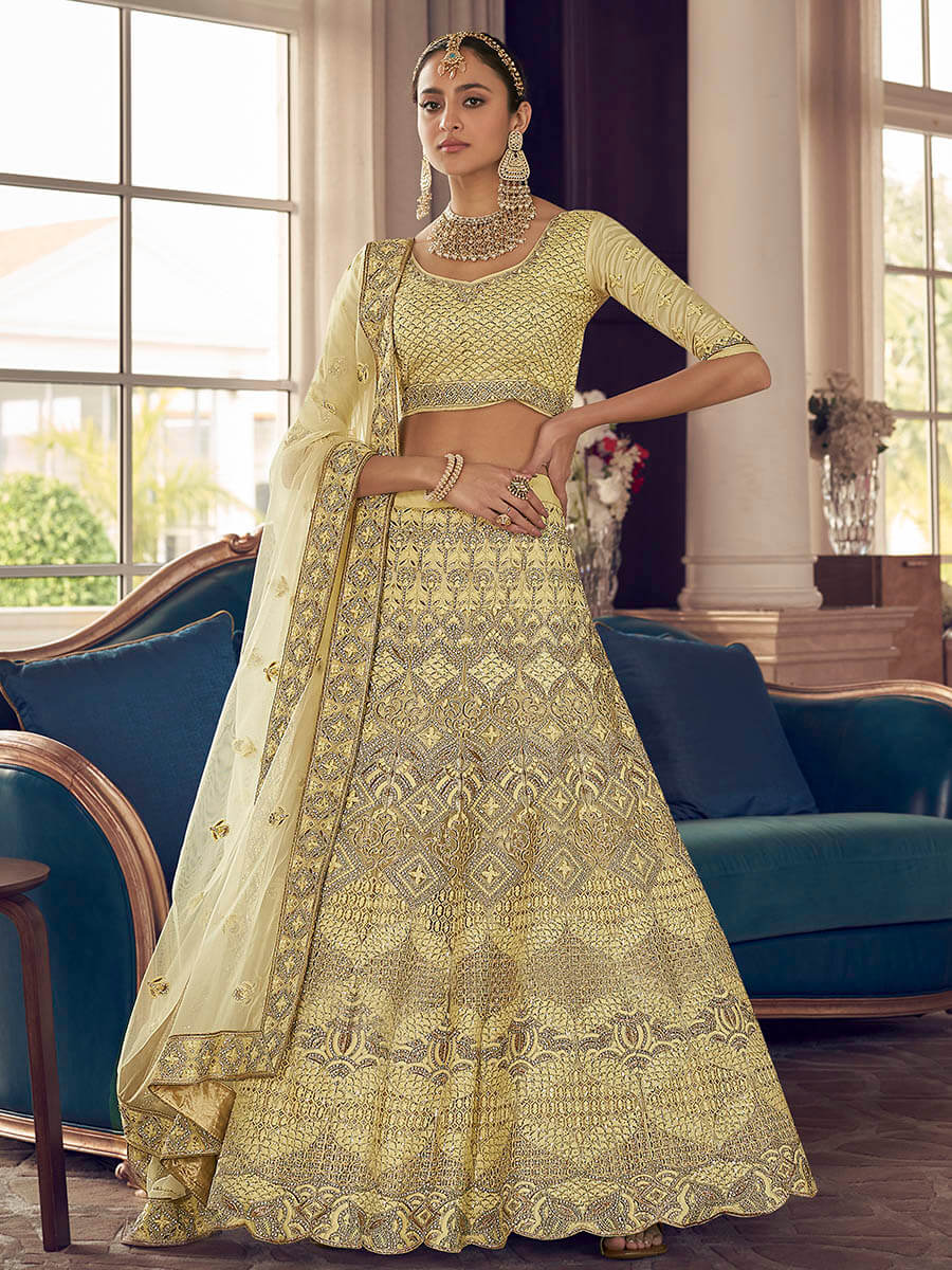 Myra Lime Yellow Crepe Embroidered Lehenga | Grocsy