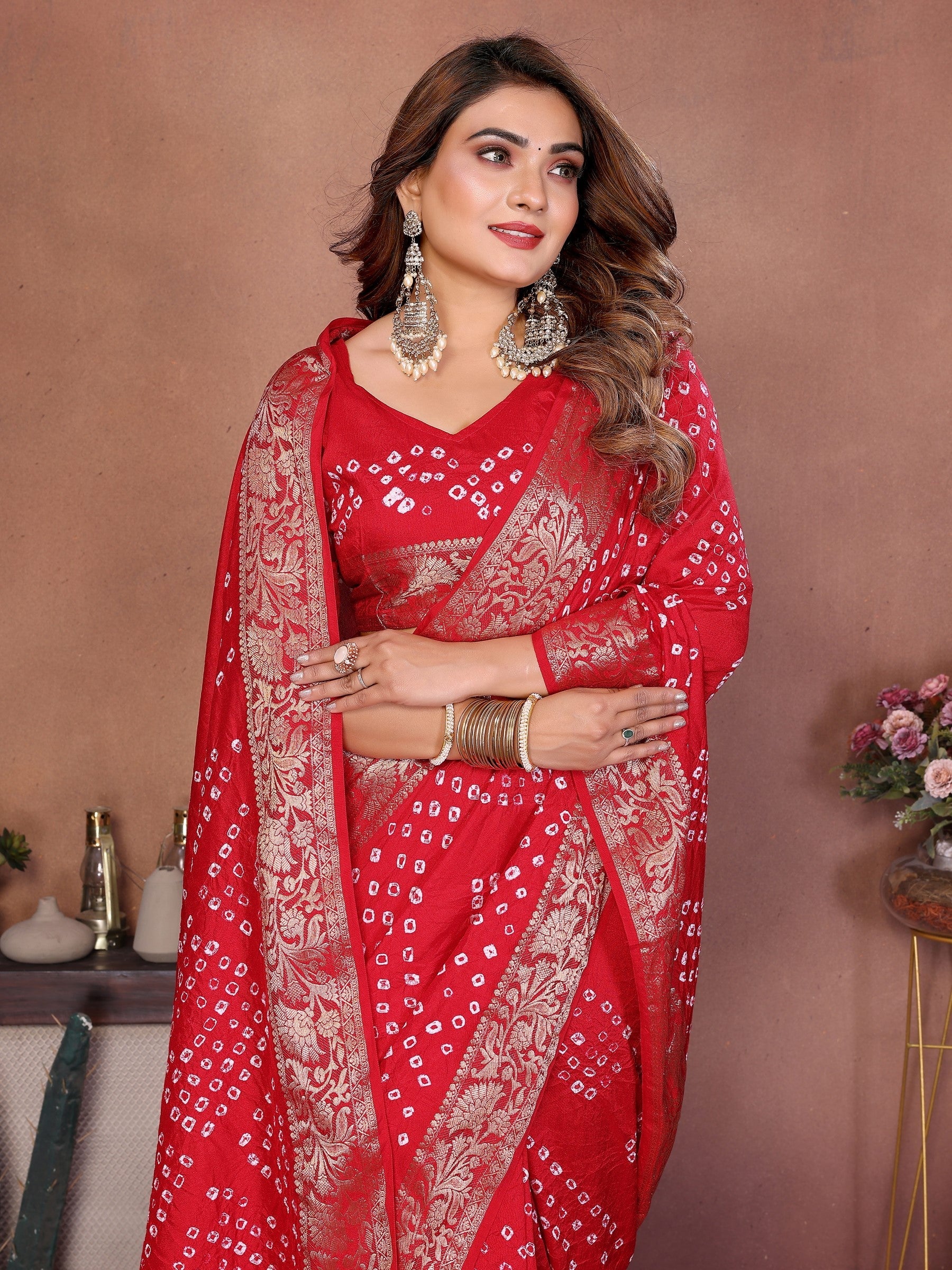 Anaita Red Handmade Bandhej Viscose Silk Saree With Blouse | Grocsy