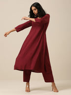 trueBrowns Ruby Wine Slub Texture Back Pleat Kurta Pant Set | Grocsy