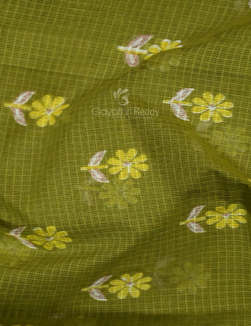 Mehendi Green And Lime Green Block Print Pure Kota Cotton Saree By Gayathri Reddy Designer Studio | Grocsy
