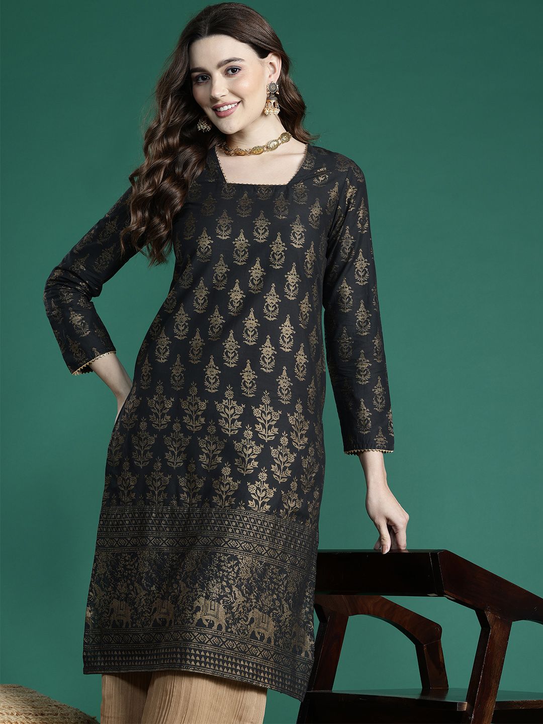 Sangria Ethnic Motifs Printed Gotta Patti Kurta | Grocsy