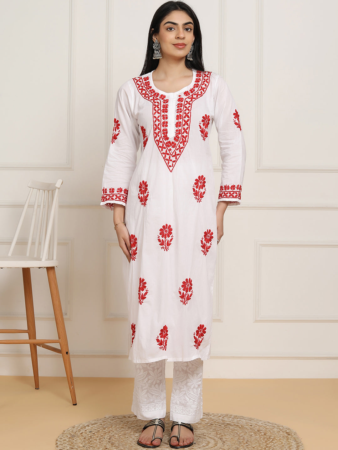 HOUSE OF KARI Women Floral Embroidered Regular Chikankari Pure Cotton Kurta with Trousers | Grocsy