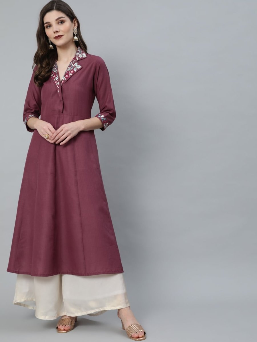 Aks Notched Lapel Collar Thread Work A-Line Kurta | Grocsy