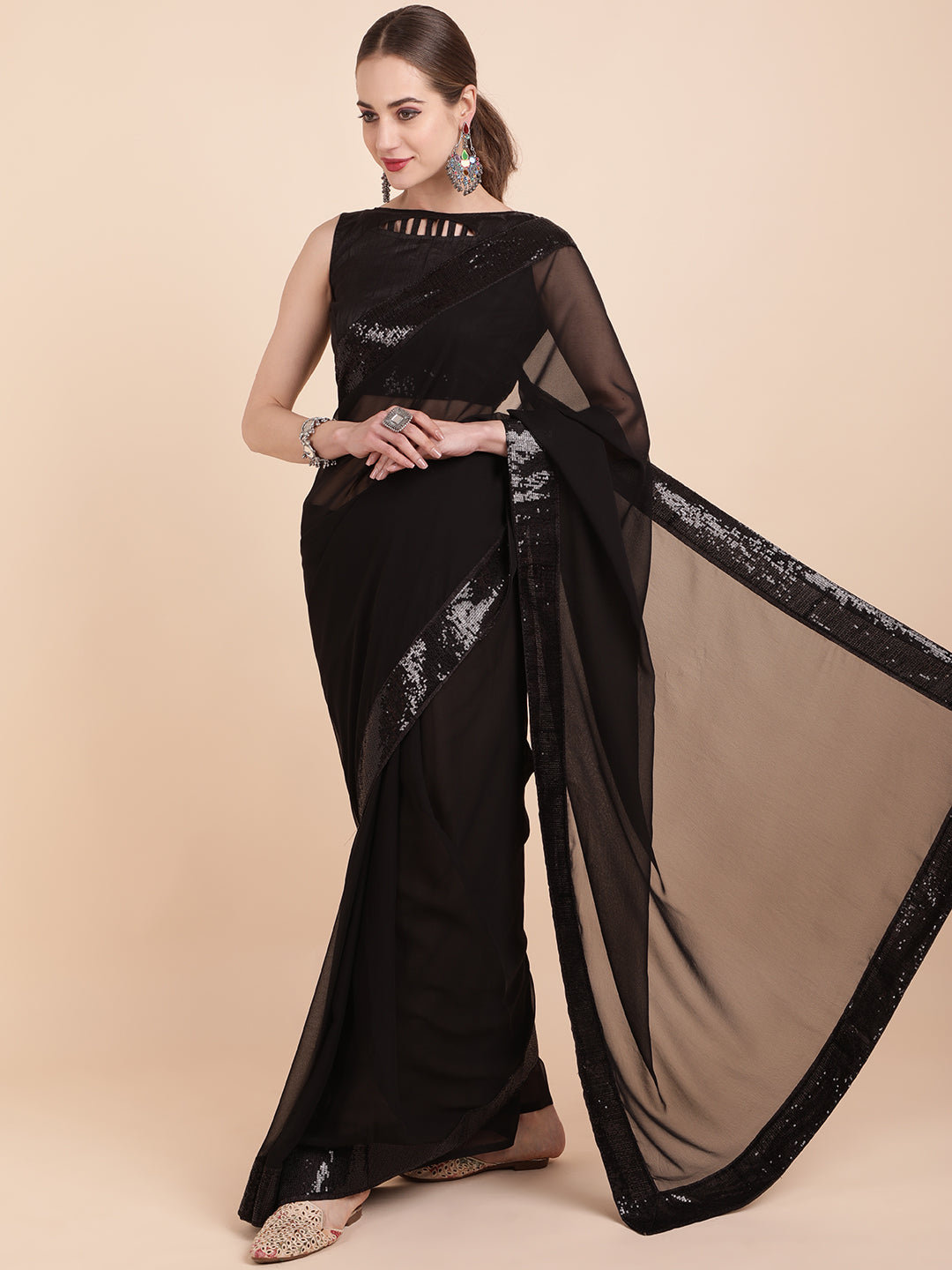 Sangria Black Sequinned Pure Georgette Saree | Grocsy