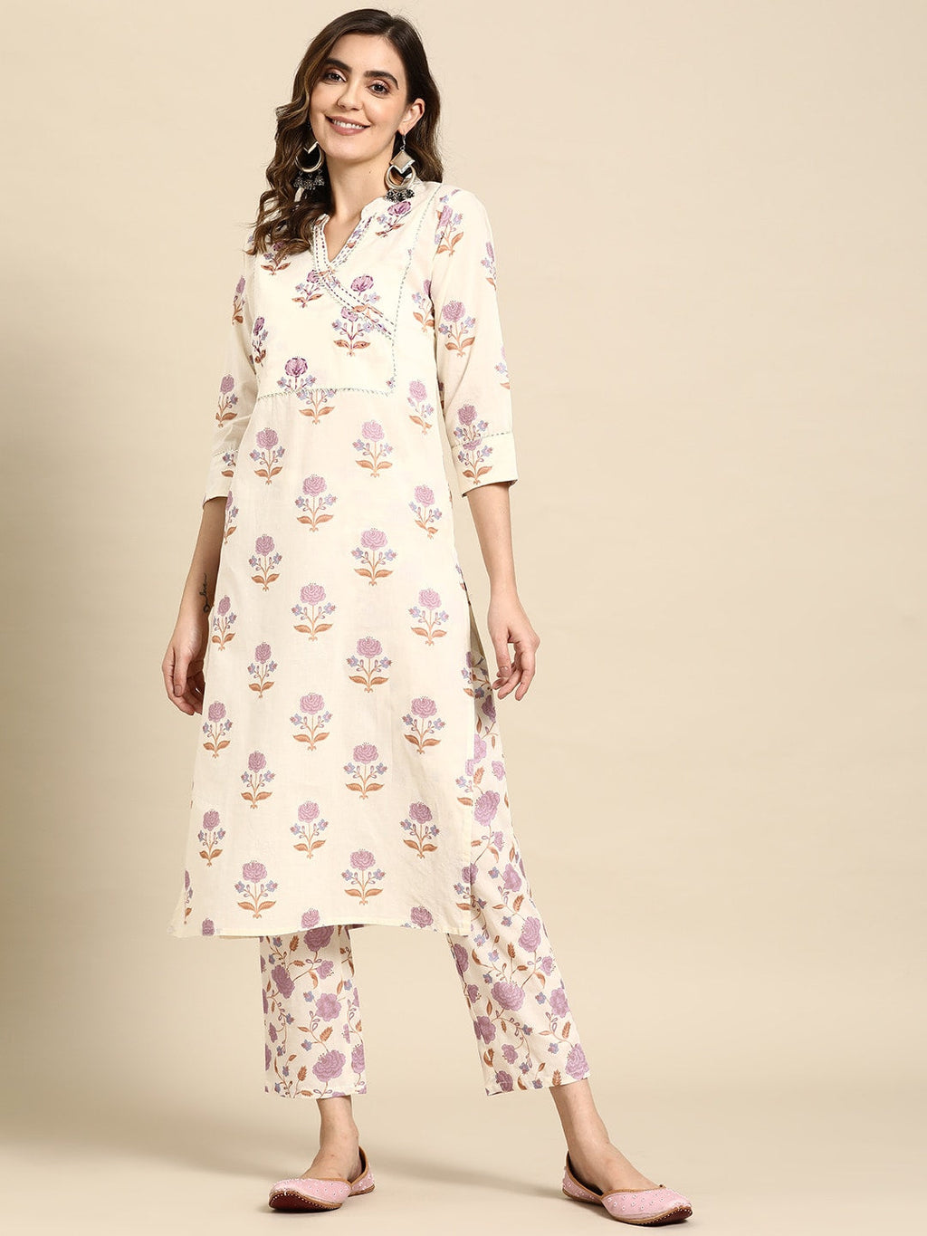 Sangria Women Floral Printed Regular Sequinned Pure Cotton Kurta with Trousers | Grocsy