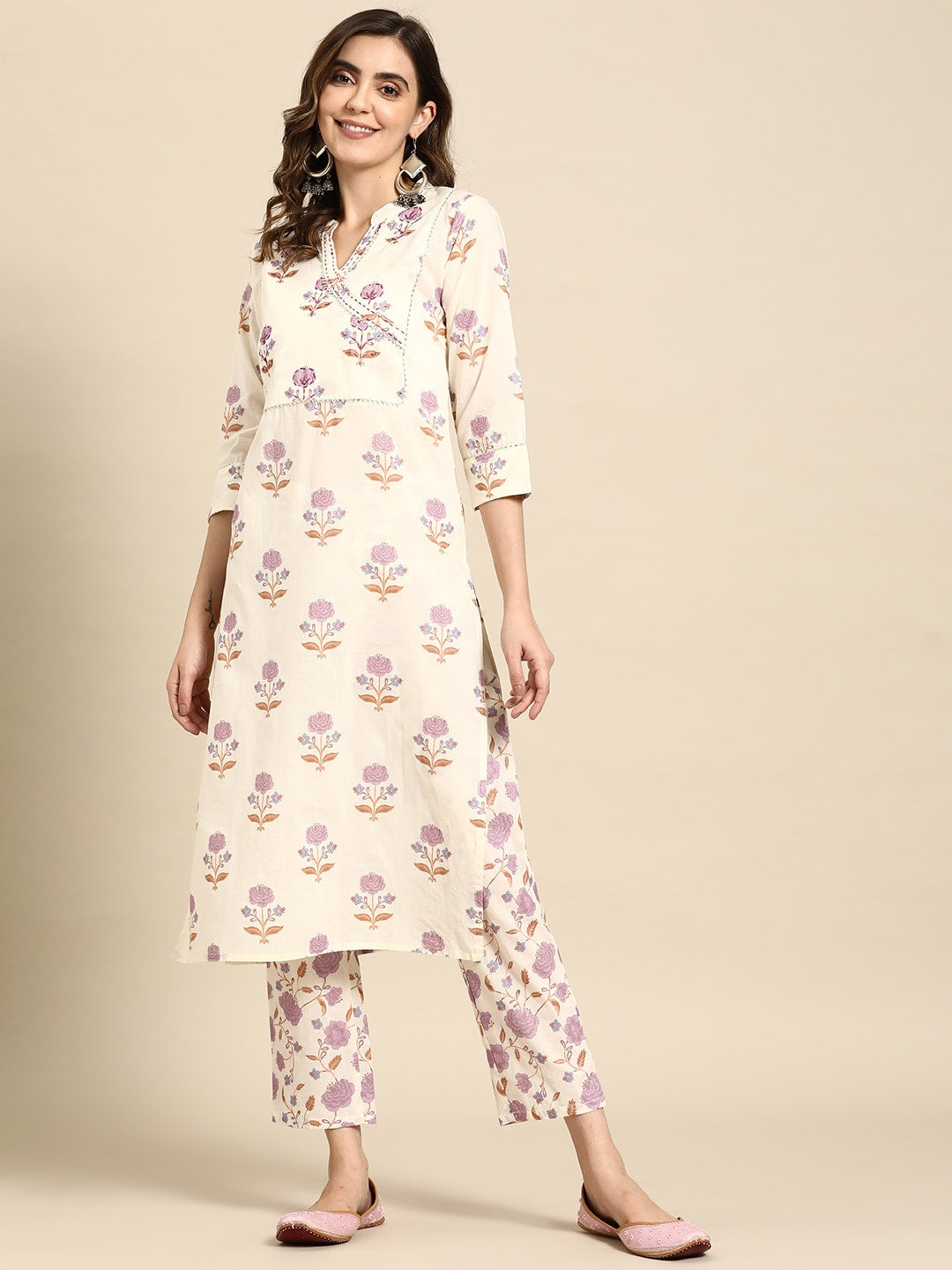 Sangria Women Floral Printed Regular Sequinned Pure Cotton Kurta with Trousers | Grocsy