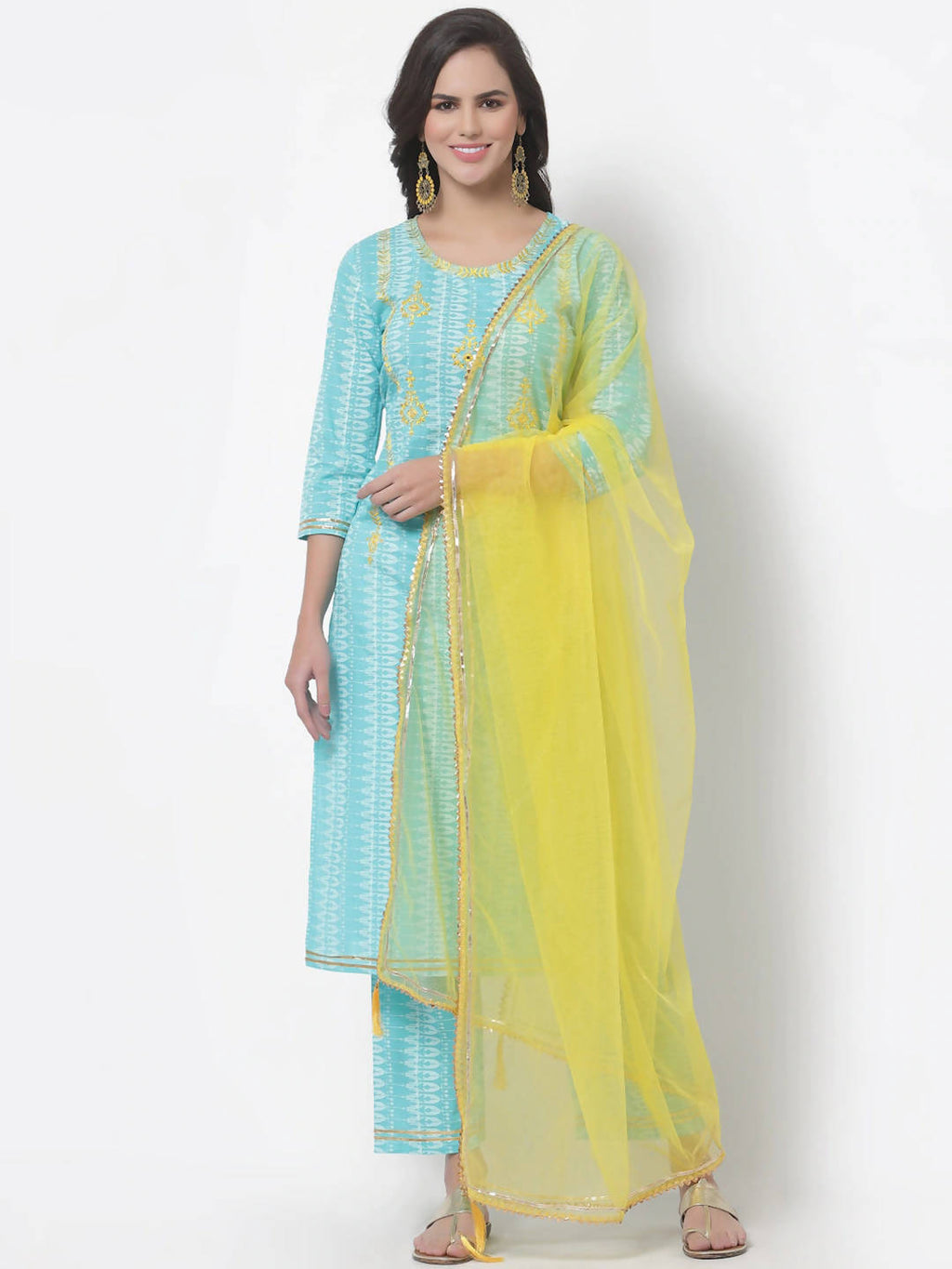 Myshka Women Turquoise Blue Layered Pure Cotton Kurti With Trousers & Dupatta | Grocsy