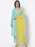 Myshka Women Turquoise Blue Layered Pure Cotton Kurti With Trousers & Dupatta | Grocsy