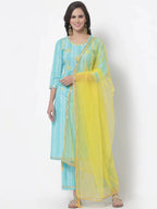 Myshka Women Turquoise Blue Layered Pure Cotton Kurti With Trousers & Dupatta | Grocsy