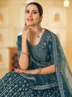 Myra Rama Blue Soft Net Embroidered Lehenga | Grocsy