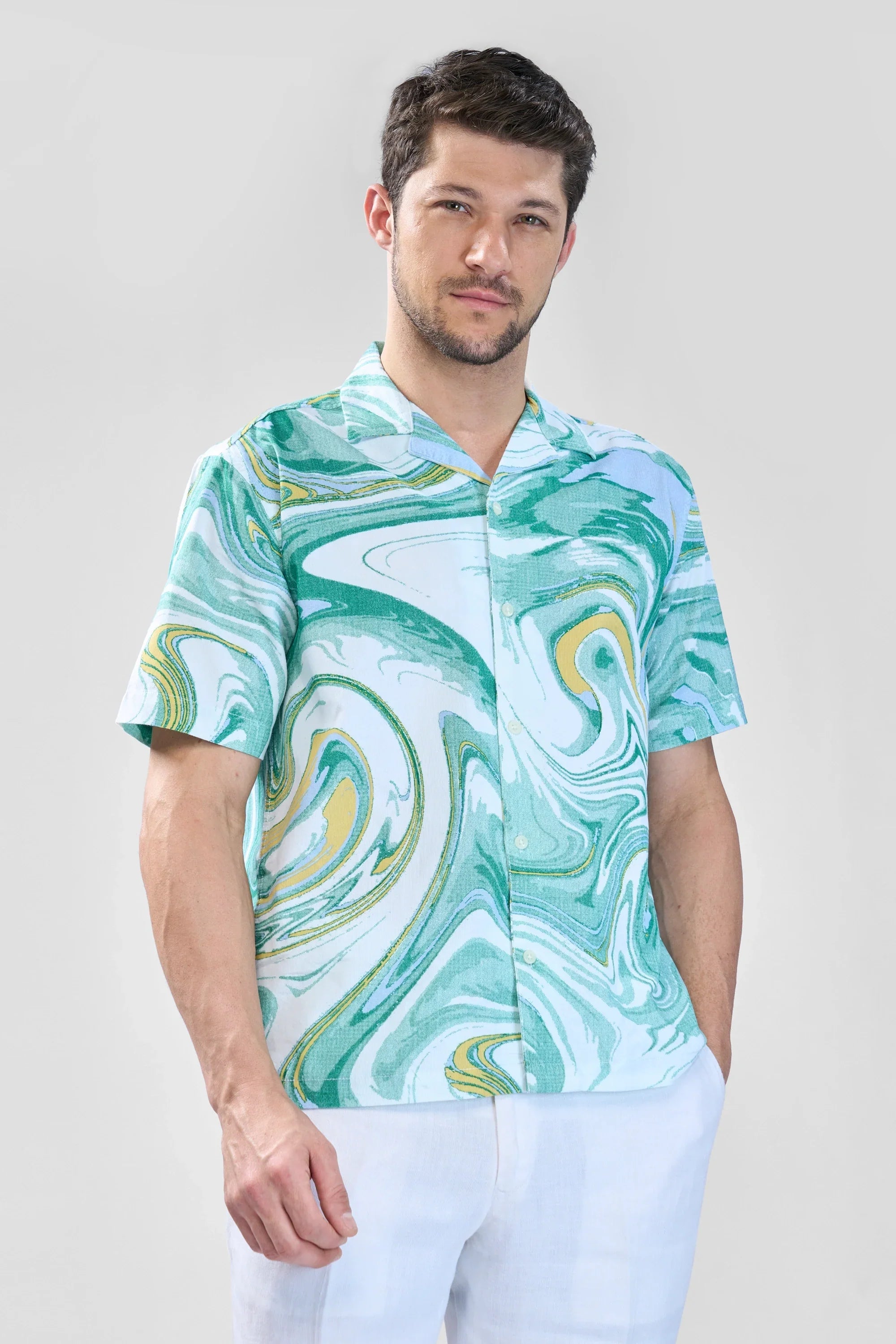 Xkind Green Fine Cord Drop Shoulder Printed Relaxed Fit Shirt | Grocsy