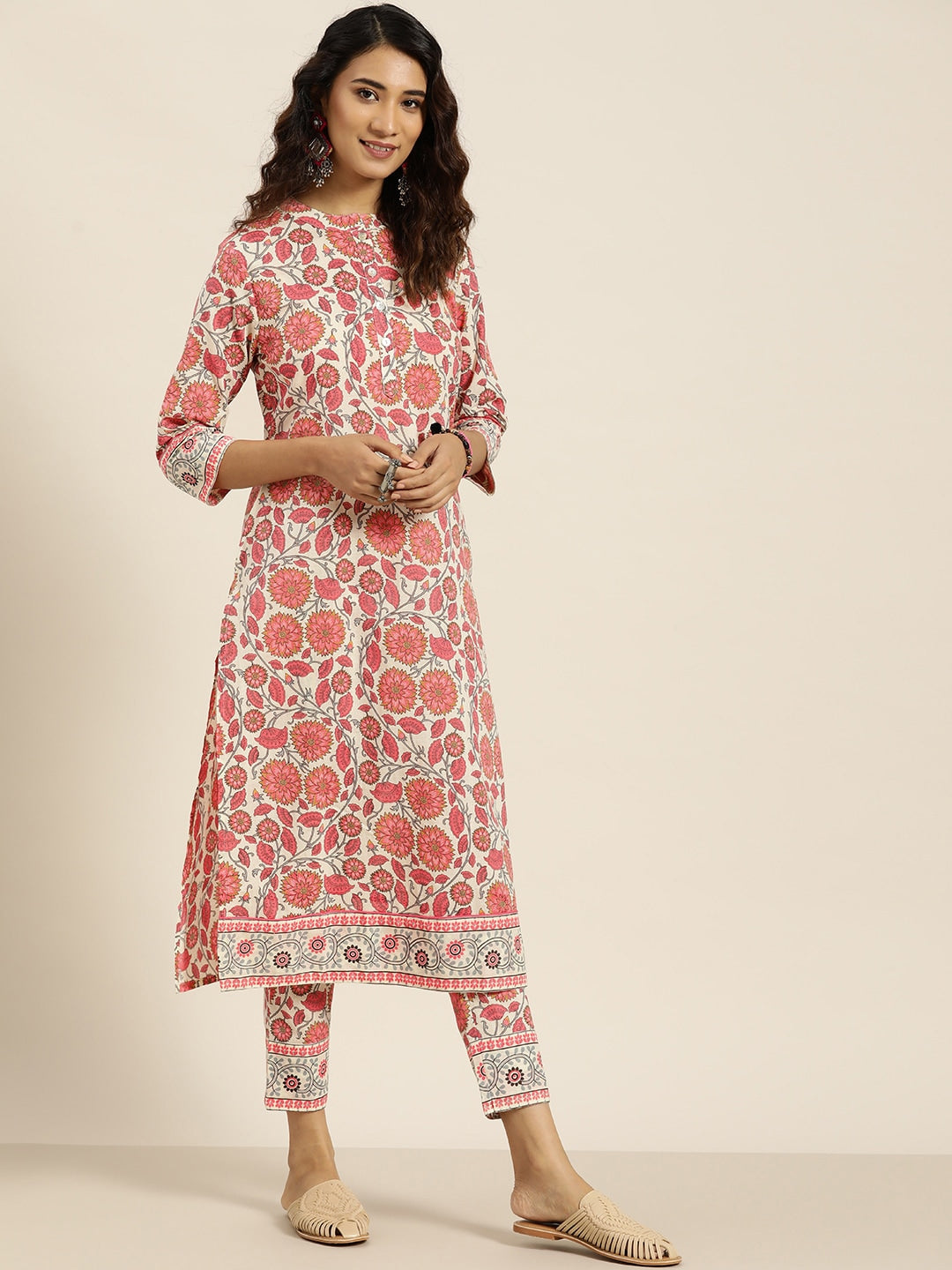 Sangria Women Off White & Peach-Coloured Floral Print Straight Cotton Kurta with Trousers | Grocsy