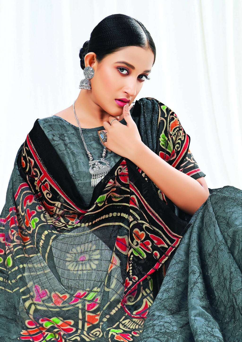 Grey Chanderi Cotton Floral Printed Saree With Unstitched Blouse Piece - Kathika | Grocsy
