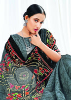 Grey Chanderi Cotton Floral Printed Saree With Unstitched Blouse Piece - Kathika | Grocsy