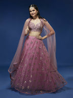 House of Panchhi Pink Net Sequinse Embroidered Lehenga & Blouse with Dupatta | Grocsy