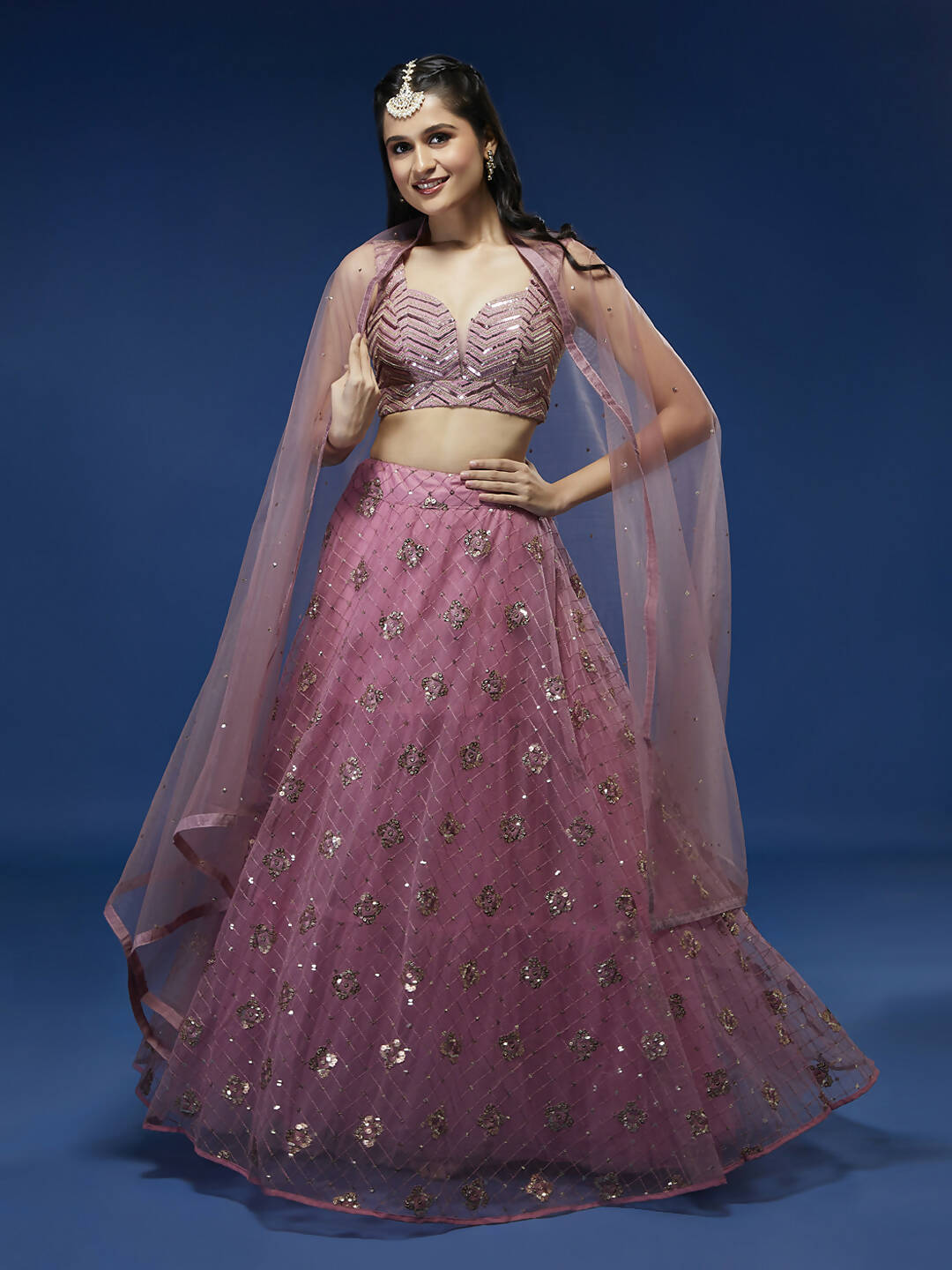 House of Panchhi Pink Net Sequinse Embroidered Lehenga & Blouse with Dupatta | Grocsy