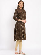 HERE&NOW Brown & Beige Mandarin Collar Floral Printed Straight Kurta | Grocsy
