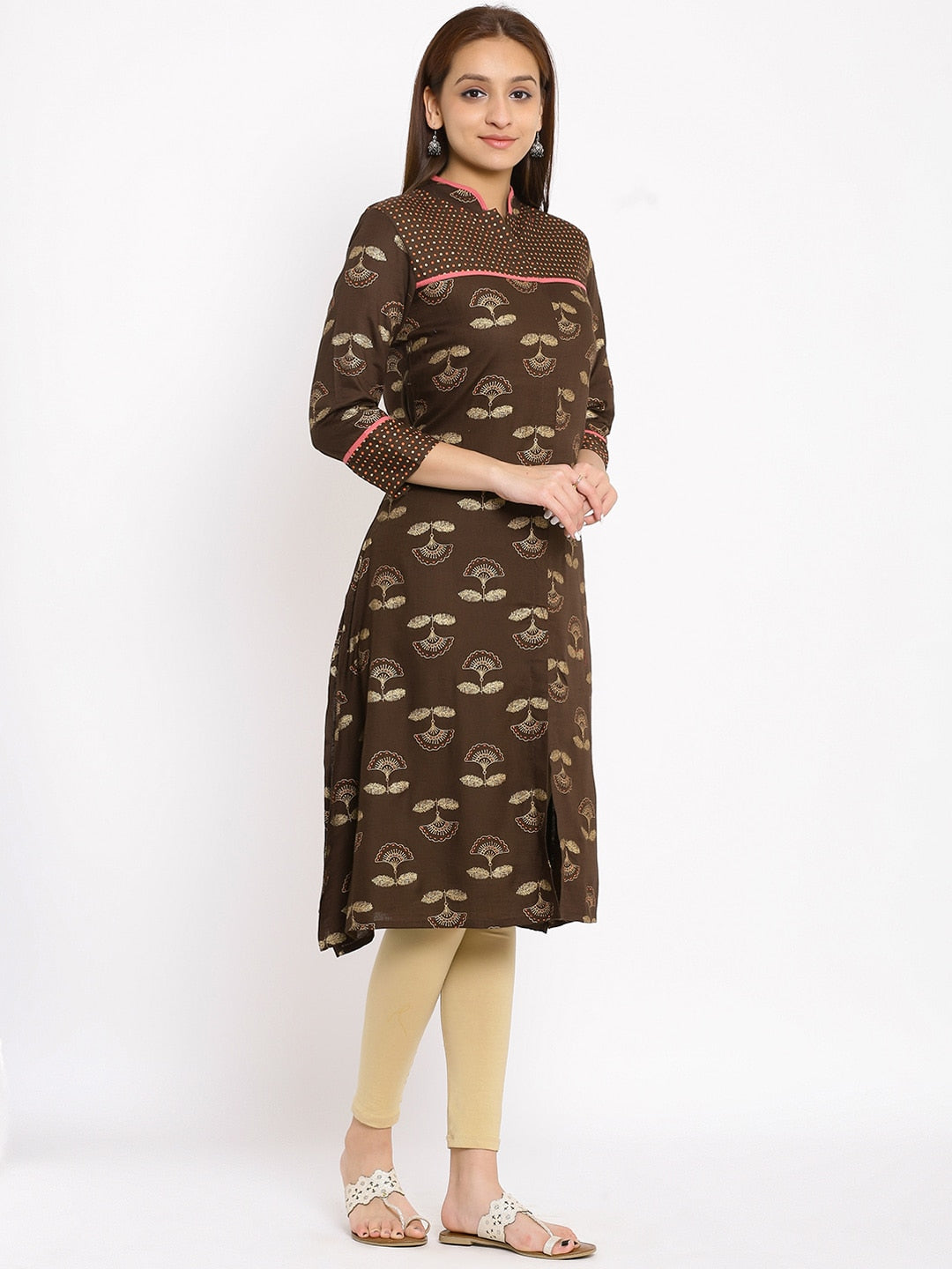 HERE&NOW Brown & Beige Mandarin Collar Floral Printed Straight Kurta | Grocsy