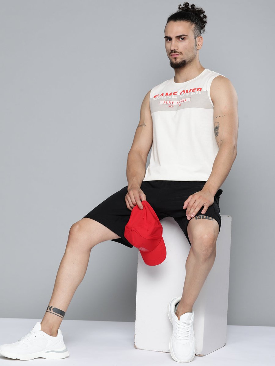 Alcis Men Off White Typography Printed Slim Fit Gym T-shirt | Grocsy