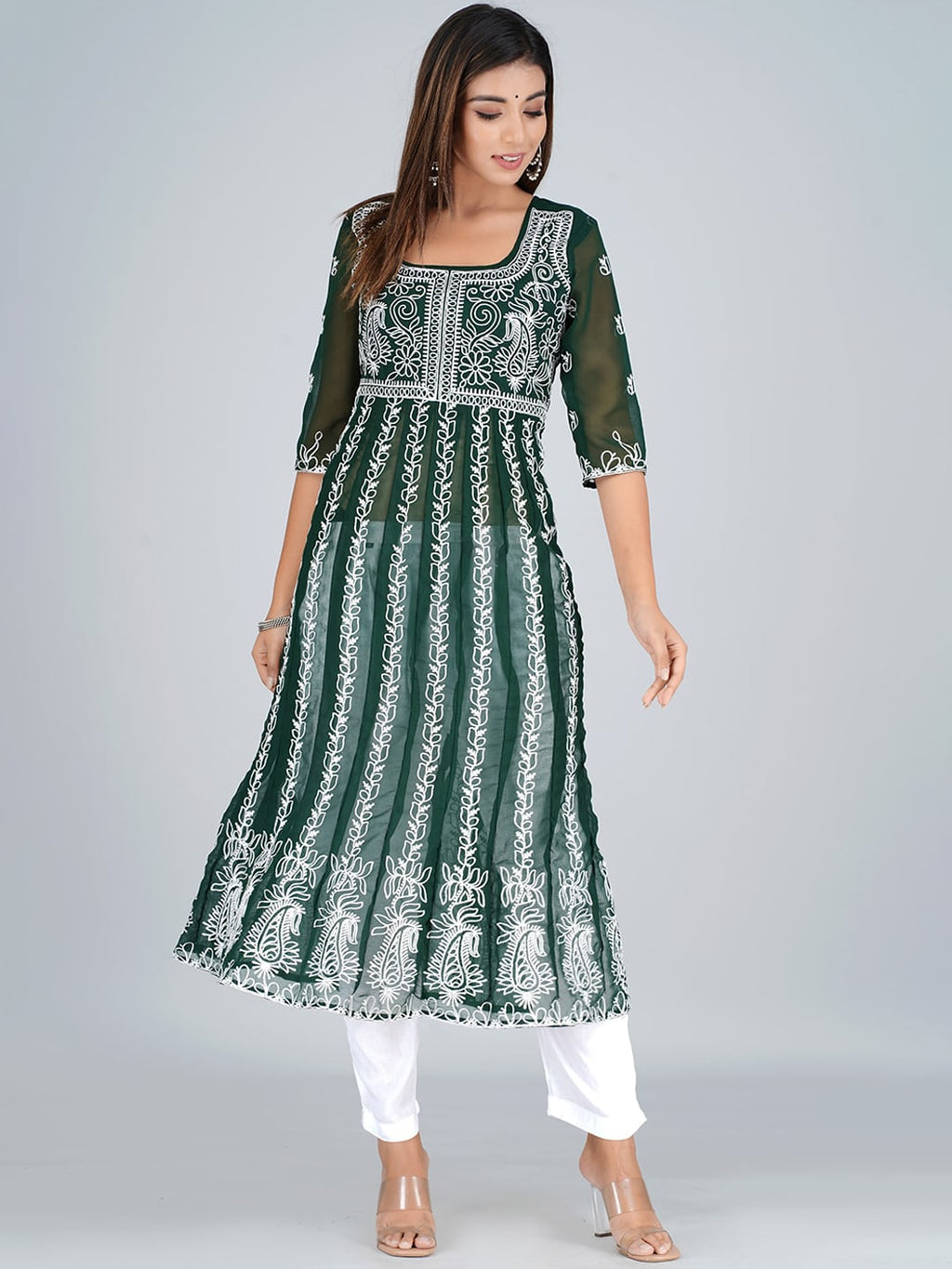 HERE&NOW Ethnic Motifs Embroidered Square Neck Georgette Anarkali Kurta | Grocsy