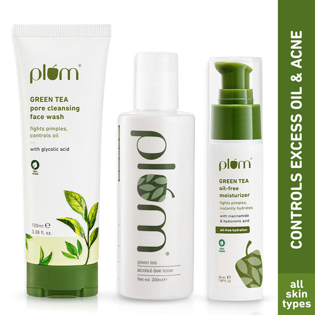 Plum Green Tea Face Wash, Toner & Moisturizer Kit for Acne-Free Skin & Oil-Free Hydration | Grocsy