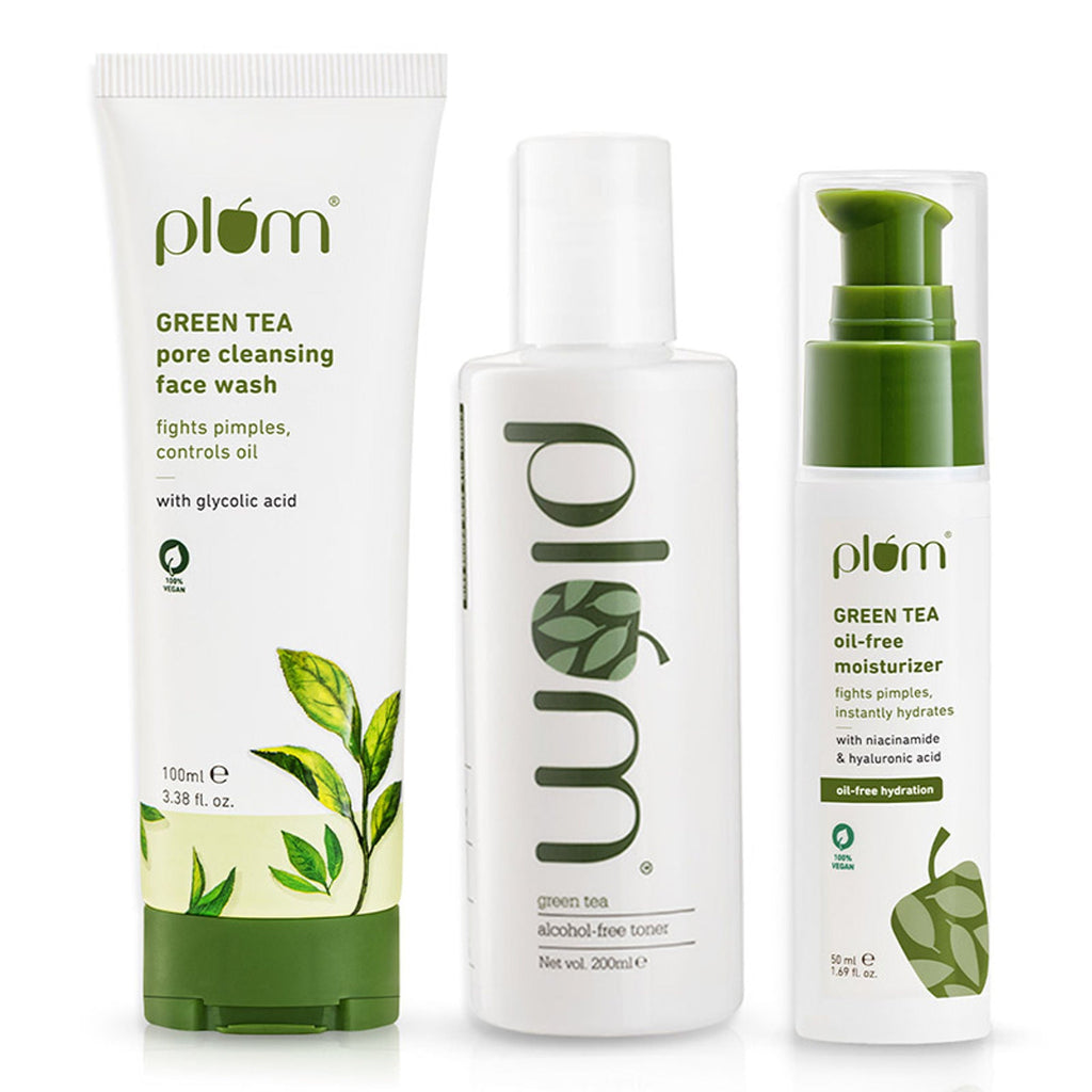 Plum Green Tea Face Wash, Toner & Moisturizer Kit for Acne-Free Skin & Oil-Free Hydration | Grocsy
