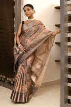 Joban Fashion Cofee Brown Saree Tissue Digital With Embroidery | Grocsy