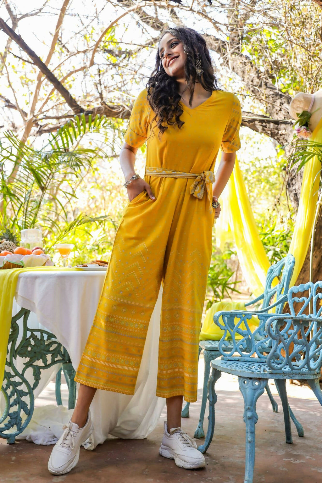 Juniper Women Mustard Rayon Flex Printed Straight Jumpsuit | Grocsy