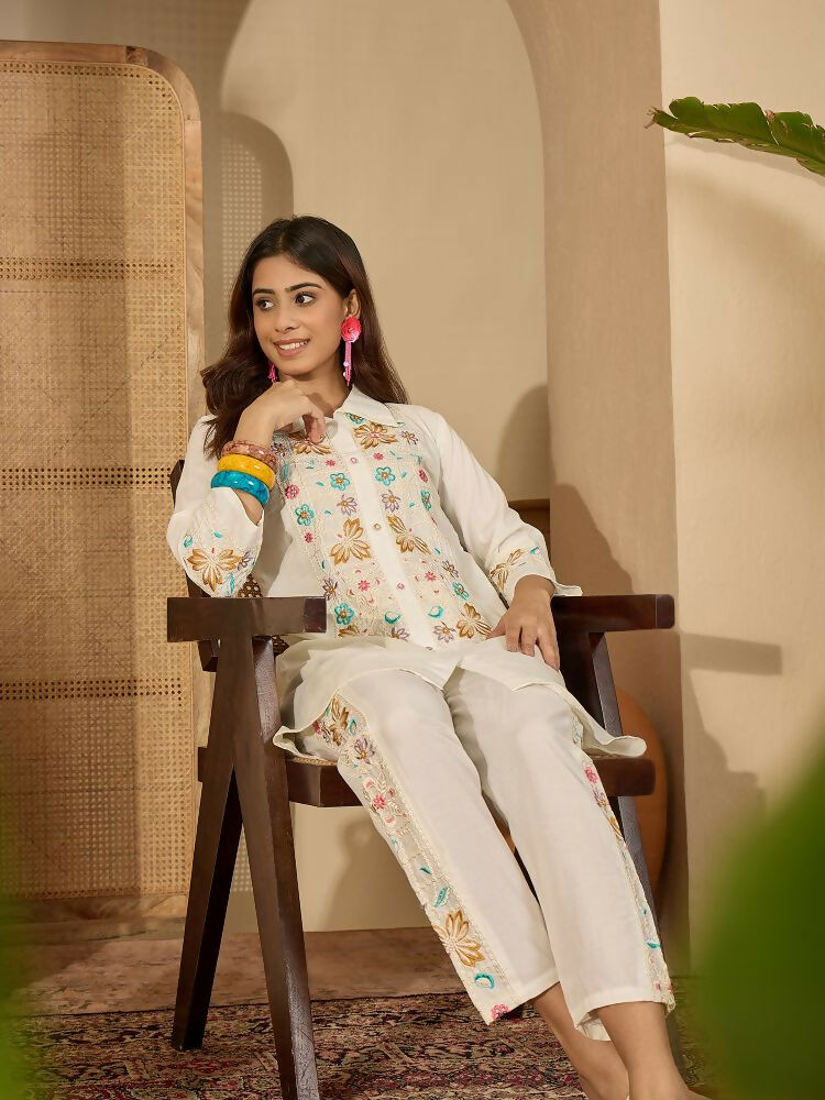 Joban Fashion Women Off-White Roman Silk Embroidered Stitched Kurta Set | Grocsy