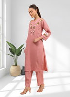 Joban Fashion Pink Linen Embroidered Readymade Long Kurta With Pant | Grocsy