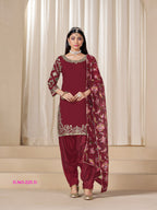 Anaita Blood-Red Premium Embroidered Roman Silk Salwar Suit | Grocsy