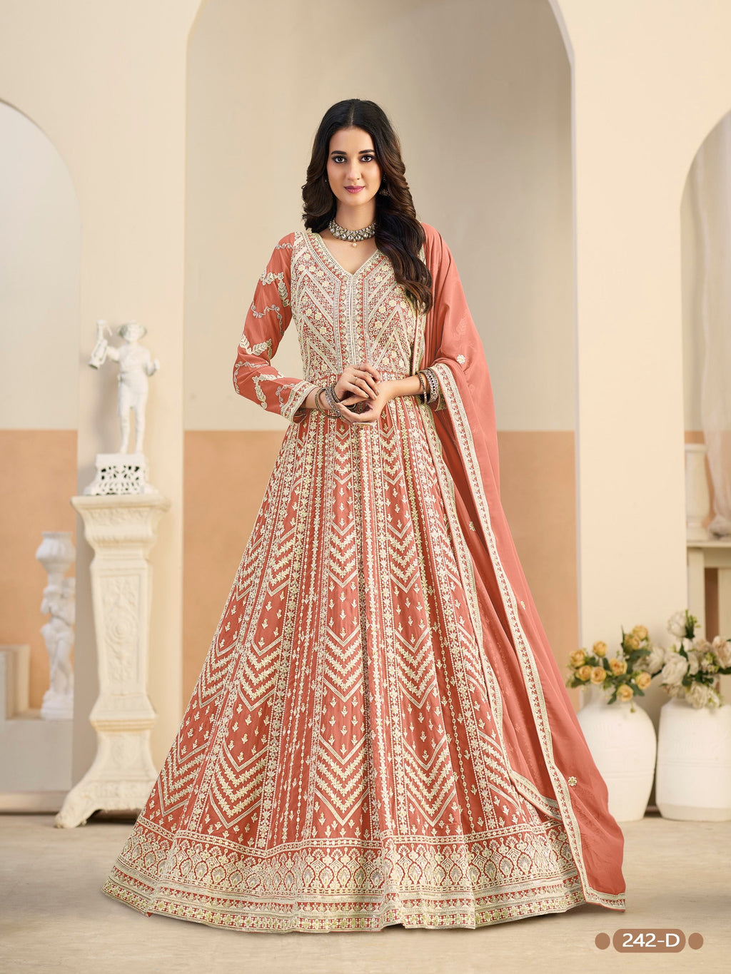 Anaita Light Orange Heavy Embroidered Faux Georgette Anarkali Suit With Salwar | Grocsy