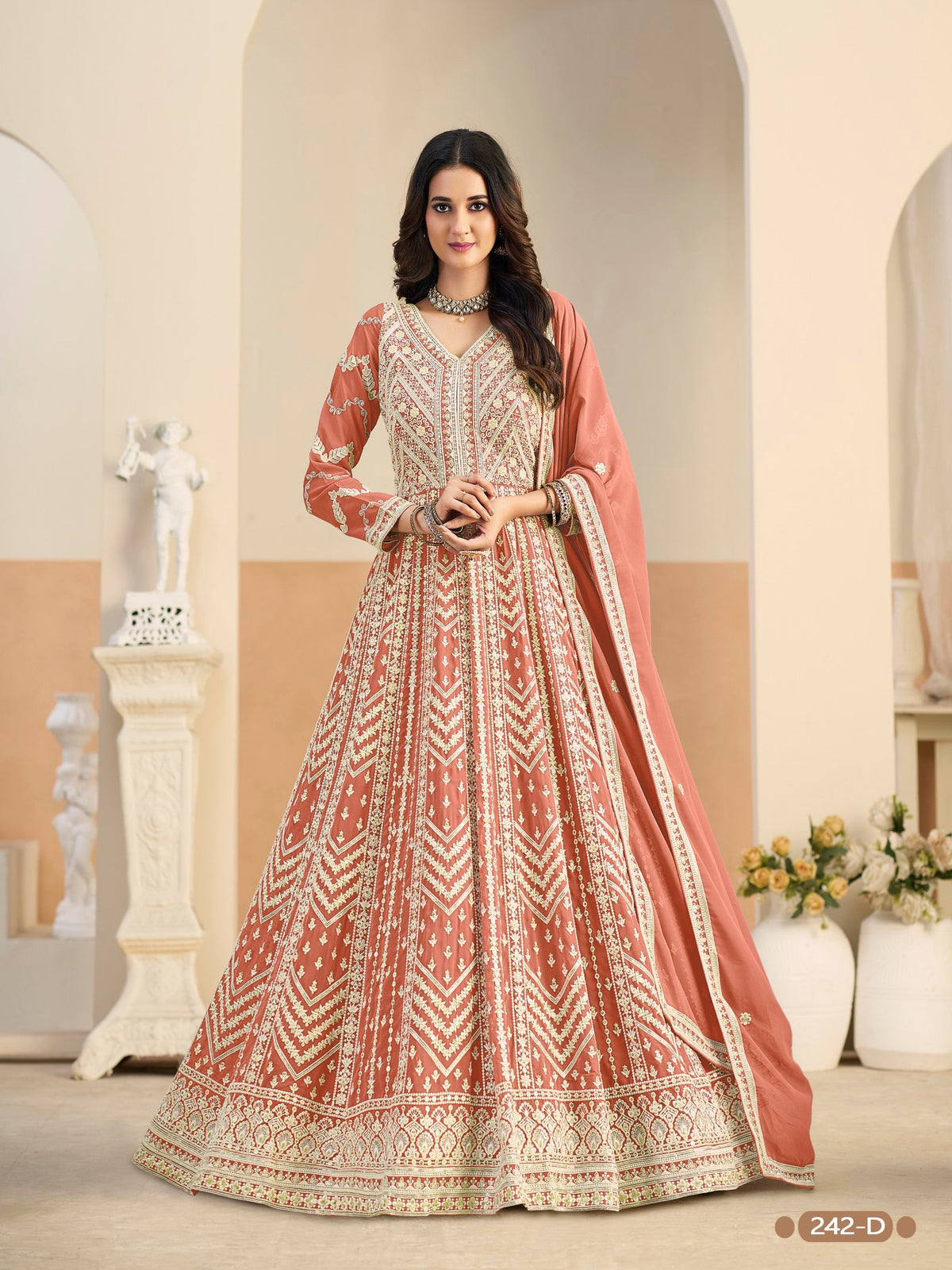 Anaita Light Orange Heavy Embroidered Faux Georgette Anarkali Suit With Salwar | Grocsy