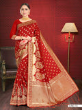 Vardha Crimson Red Woven Zari Floral Banarasi Saree | Grocsy