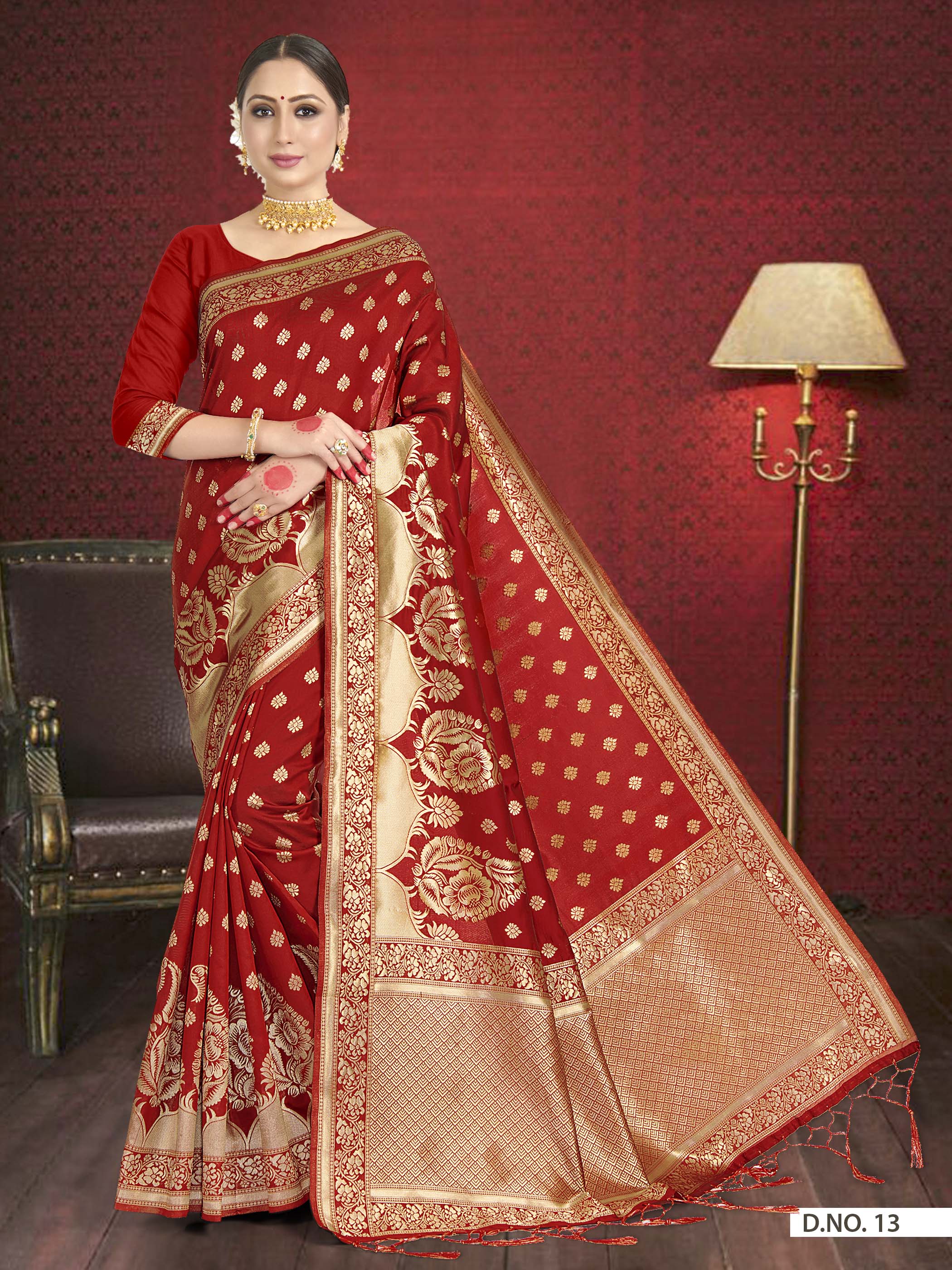 Vardha Crimson Red Woven Zari Floral Banarasi Saree | Grocsy