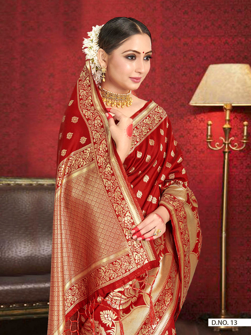 Vardha Crimson Red Woven Zari Floral Banarasi Saree | Grocsy
