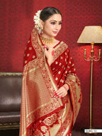 Vardha Crimson Red Woven Zari Floral Banarasi Saree | Grocsy