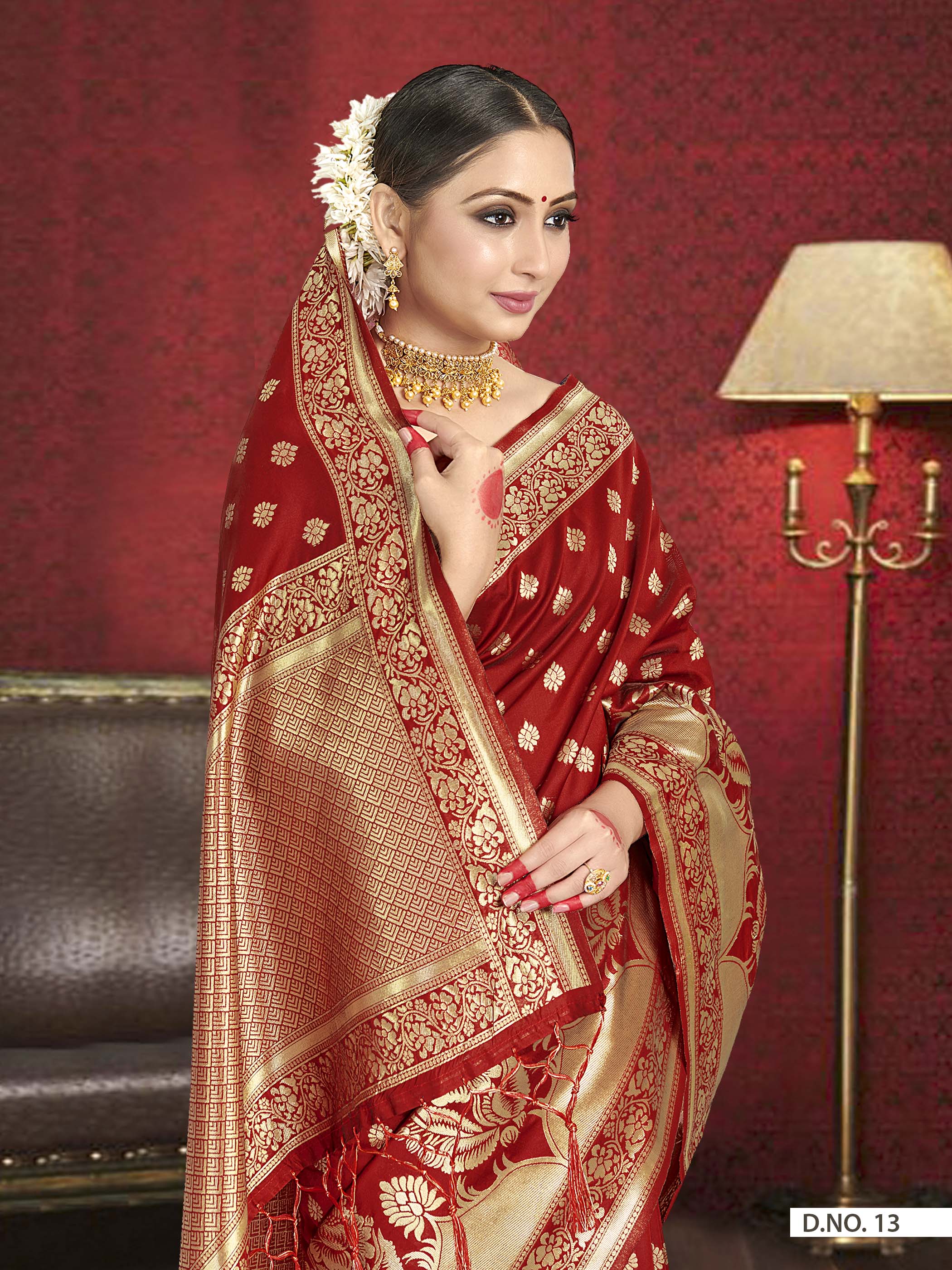 Vardha Crimson Red Woven Zari Floral Banarasi Saree | Grocsy