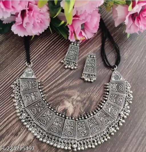 Tehzeeb Creations Women's German Silver Oxidised Necklace And Earrings | Grocsy