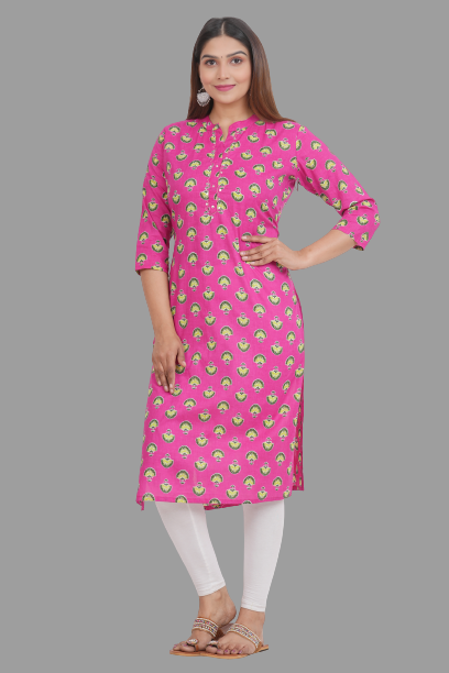 House of RP Women's Pink Cotton Floral Print Straight Kurta | Grocsy