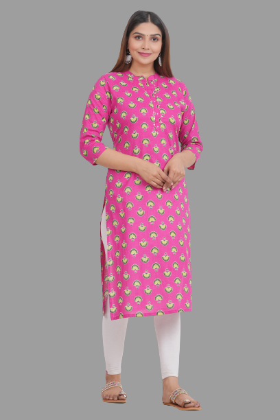 House of RP Women's Pink Cotton Floral Print Straight Kurta | Grocsy