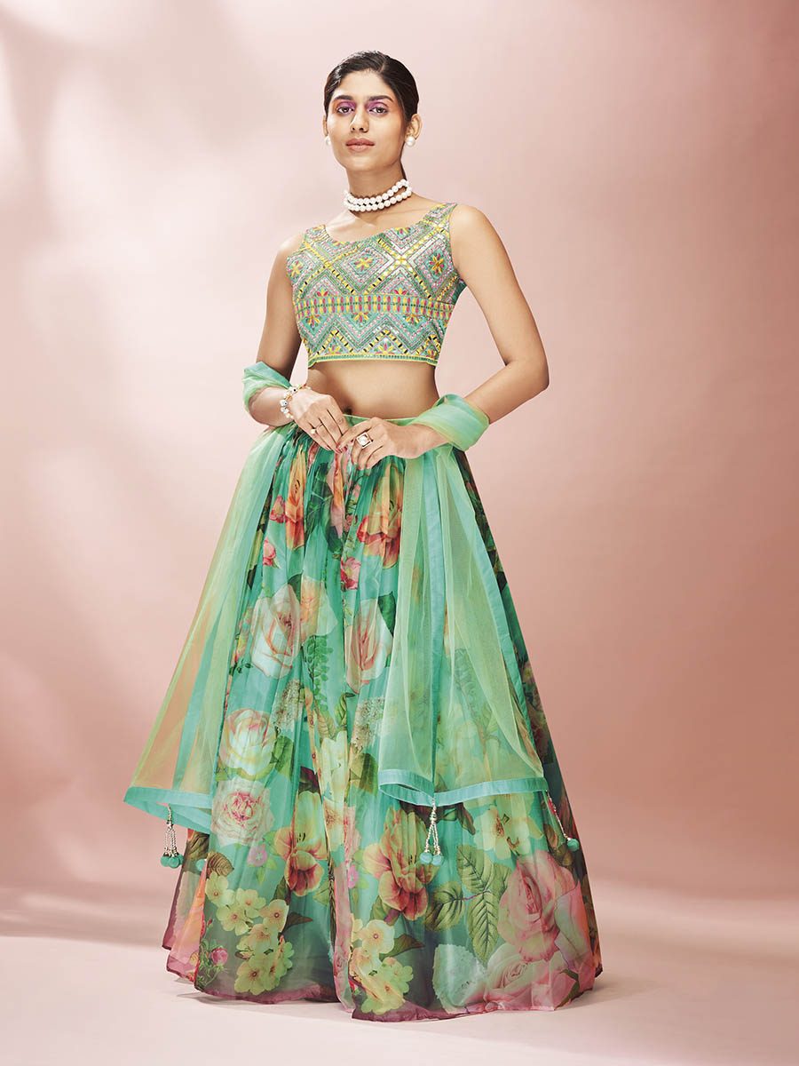 Myra Green Art Silk Embroidered Mirror Work Lehenga | Grocsy